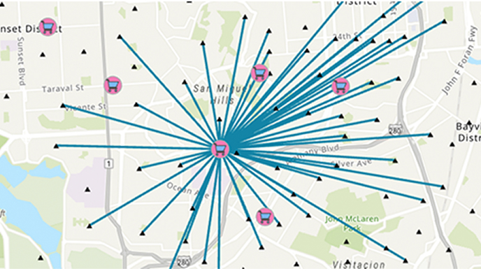Map of San Francisco displaying a network of destinations in proximity to a central map point
