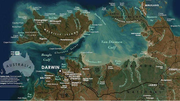 Realistically colored map of Australia's Northern Territory