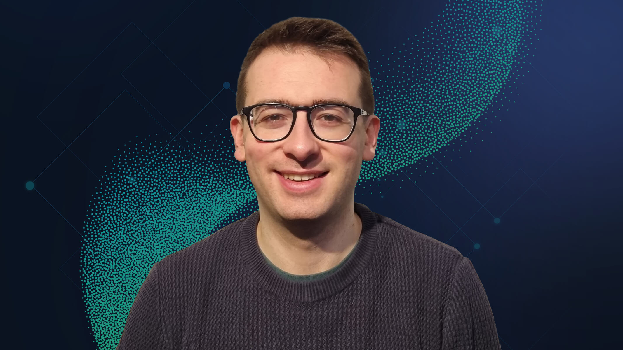 Portrait of Alex Payne smiling in a casual gray shirt with an abstract green graphic background