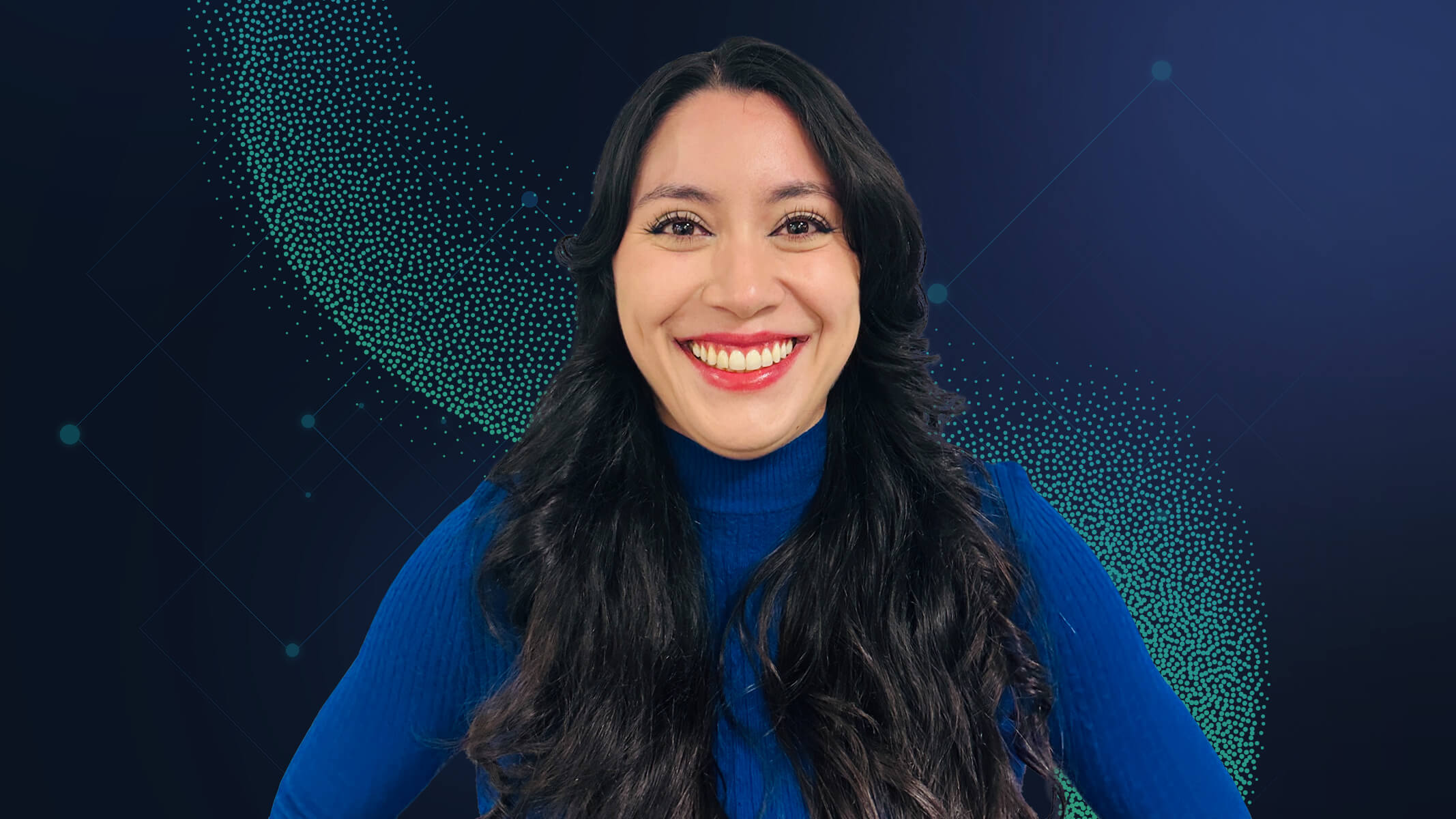 Portrait of Stephanie Cisneros smiling in a blue turtleneck shirt with an abstract green graphic background