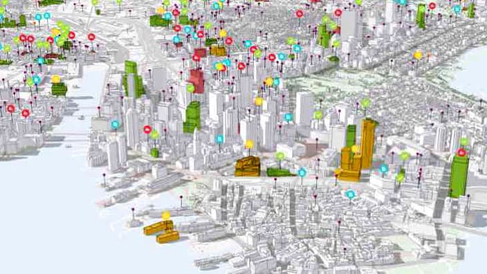 A 3D digital map of the city of Boston features buildings of interest highlighted in yellow, red, and green