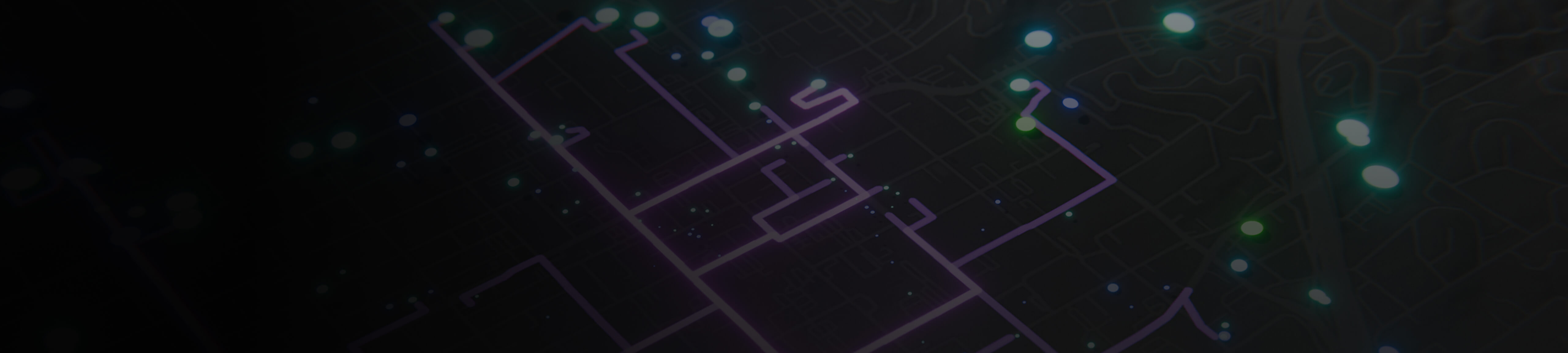 Close-up view of a dark grey map with routes highlighted in purple and unspecified locations marked in blue and green dots