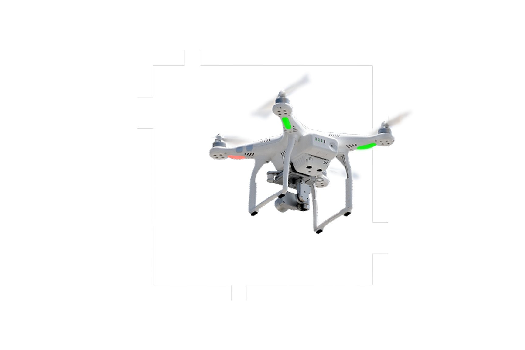 A white quadcopter drone with a mounted camera is shown hovering in the center of the image