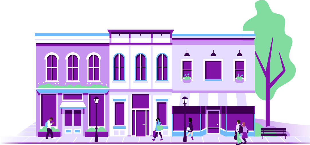 An illustrated small town main street with storefronts and people walking on the sidewalk
