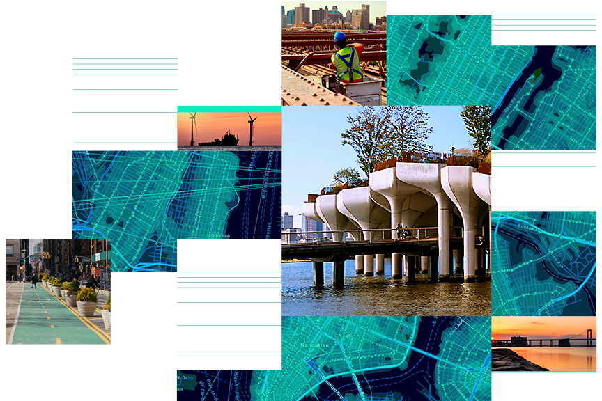 A collage shows inset images of Little Island at Pier 55, wind farms, a construction worker, and bike lanes overlaying a map of Manhattan