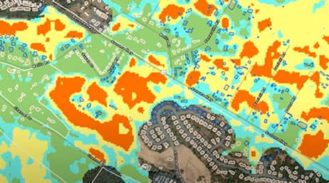 A screenshot of a heat map showing burn zone severity across a residential area