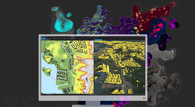 Desktop monitor screen showing side-by-side maps in aerial and 3D styles