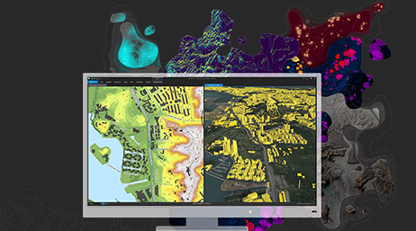 Desktop monitor screen showing side-by-side maps in aerial and 3D styles