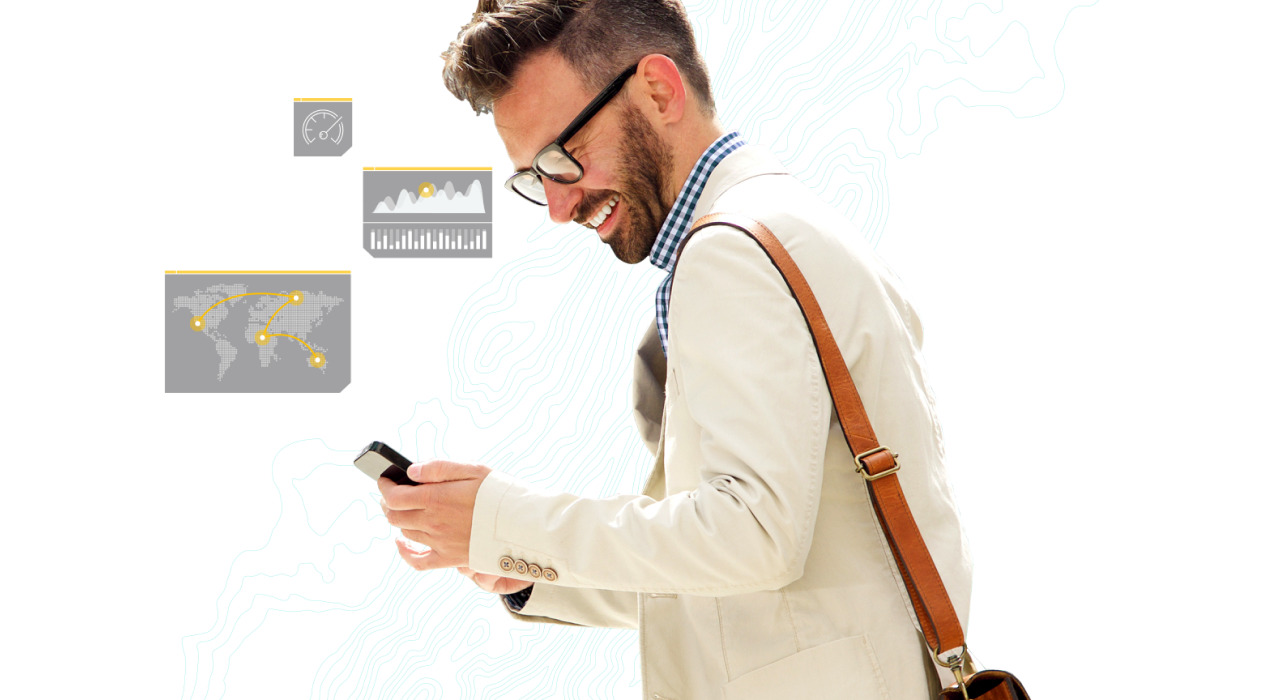 A smiling person wearing glasses and a white suit coat looking at a cell phone, which is overlaid with several graphics of maps and graphs