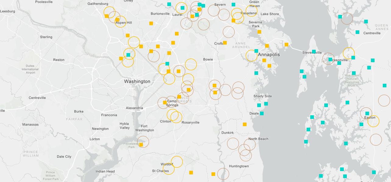 Map of Washington D.C. area with data points marked using squares and circles