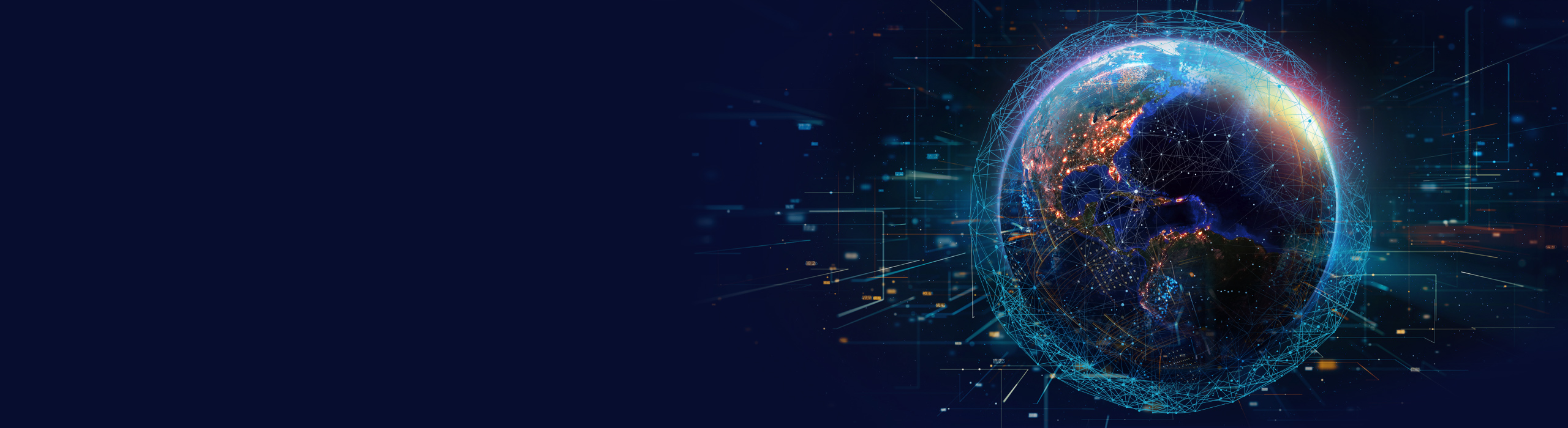 Gráfico do planeta com cidades bem iluminadas cercadas por uma teia azul e laranja de redes interconectadas contra um plano de fundo azul meia-noite