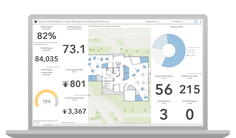 A screenshot of ArcGIS Indoors on a laptop displaying a map and dashboards that show numbers and graphs related to workspace arrangement