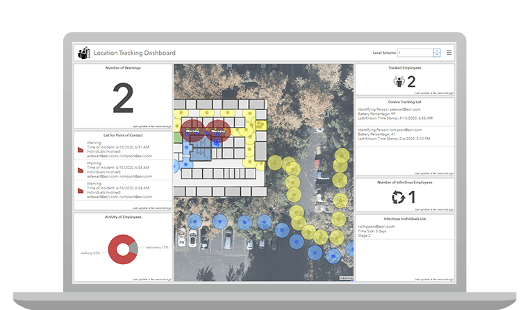 A screenshot of ArcGIS Indoors on a laptop, with a map in the center and dashboards on either side showing the contact tracing feature