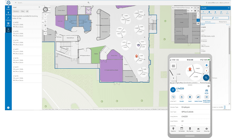 Screenshots of ArcGIS Indoors Space Planner app on a desktop and mobile device 