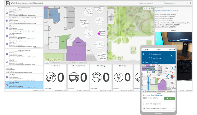 Screenshots of ArcGIS Indoors being used on a mobile device and desktop, showing service request queues, images, and maps.