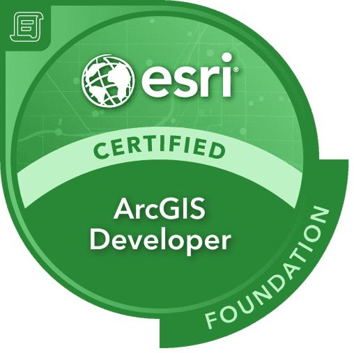 A digital badge showcasing Esri certification for ArcGIS developers. 