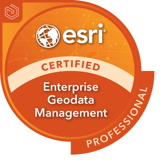 Circular badge with orange gradient featuring the Esri logo and text 'Certified Enterprise Geodata Management Professional.' 