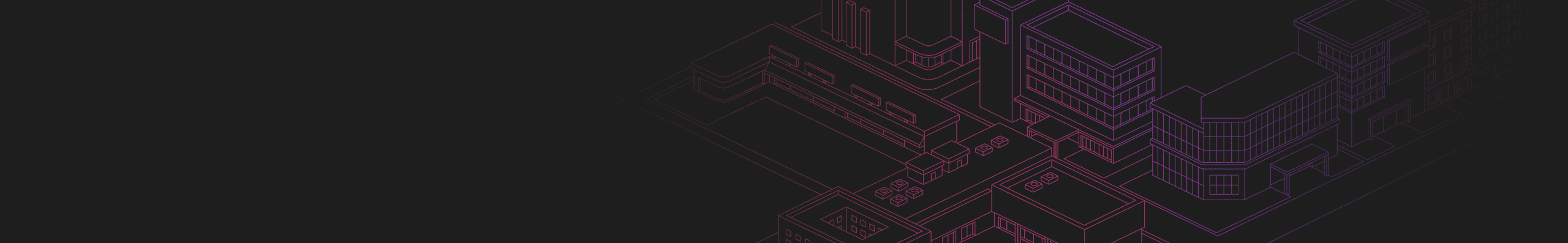 A stylized illustration of a cityscape featuring geometric buildings and infrastructure