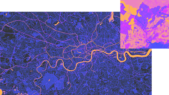 Abstract cityscape of London, featuring a map with a winding river, geometric building outlines, and stylized landforms in a palette of blues, purples, and oranges.