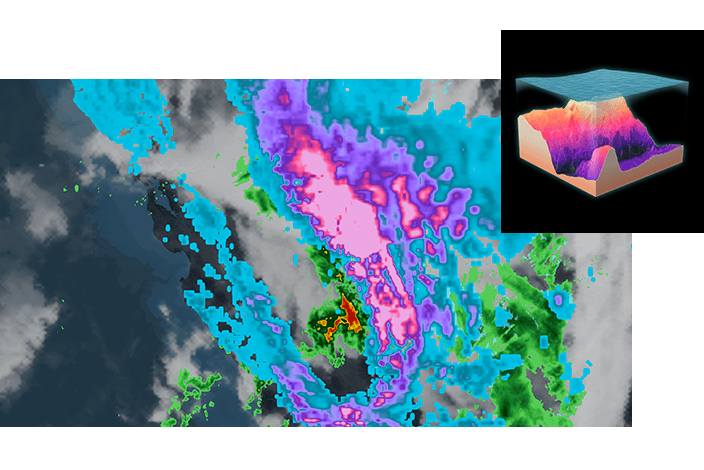 A 3D weather map displaying ocean depth with colored overlays, illustrating various weather patterns and ocean floor topography