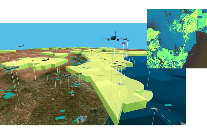 A 3D map graphic shows air traffic over land and sea, with planes connected to the ground by vertical lines, set against a dark background