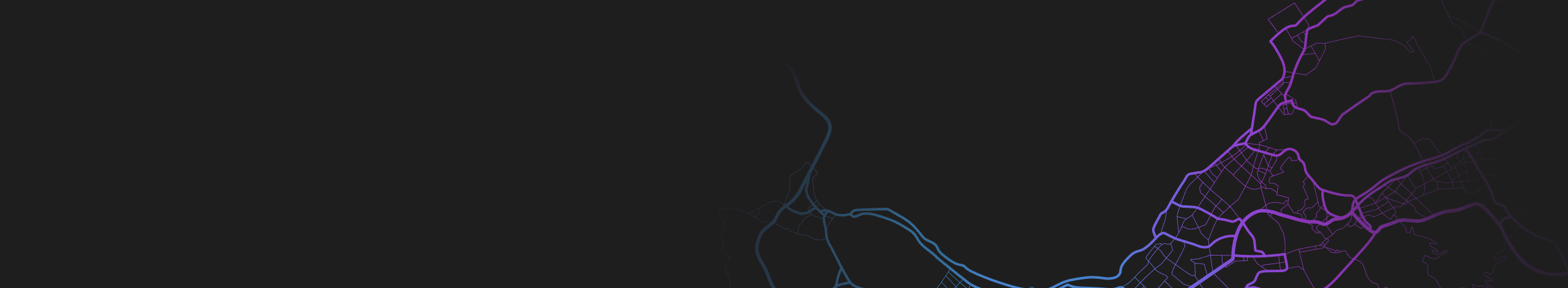 An abstract map design featuring interconnected neon purple and blue lines on a dark black background. 