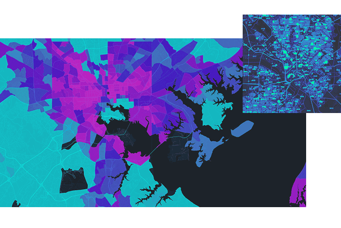 A stylized map featuring a color-coded area display in shades of cyan, blue, and magenta, overlaid with a grid pattern and a detailed road network