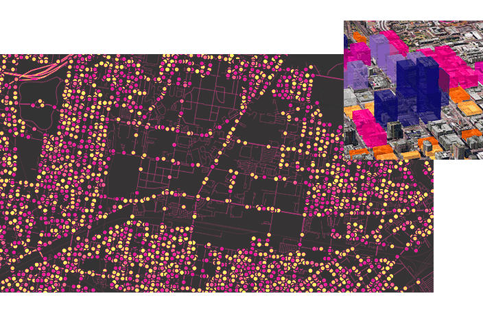 A stylized map of a cityscape is overlaid with colorful dots, accompanied by an inset of a 3D building rendering in the corner