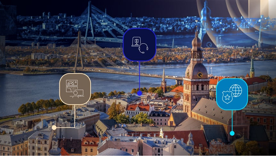 A European city skyline is shown with historic architecture and a prominent church tower near a river.