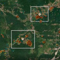 Aerial photo of green mountain terrain overlaid with scattered colored open squares 