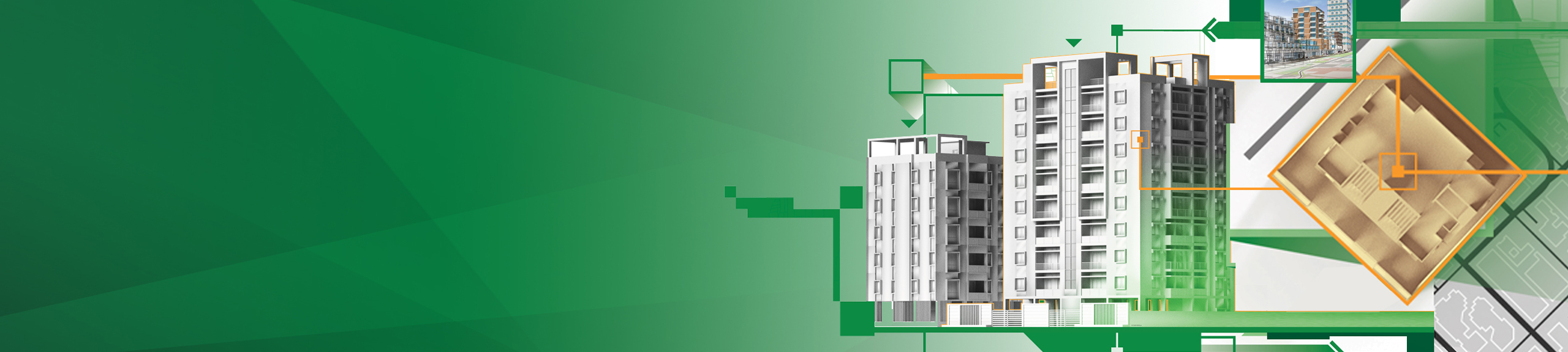 A collage of digital models of a high-rise building overlaid on a green and white background with graphic elements