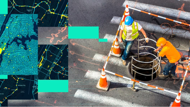 A map of Manhattan and Brooklyn shows clusters of data in yellow dots, next to a photo of public works personnel at an open manhole