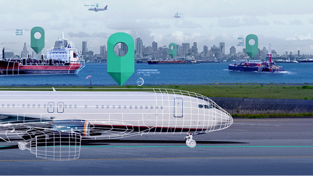 An airport in front of a city port  shows planes and container ships with grid lines and green arrows indicating data points