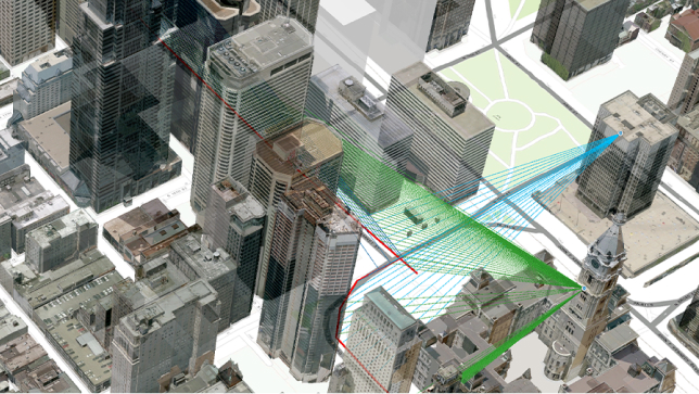 A city map features 3D models of skyscrapers with interconnecting colored lines representing real-time data feeds