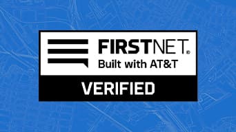 Black and white logo for FirstNet on a blue background which reads, “FirstNet, Built with AT&T, Verified”