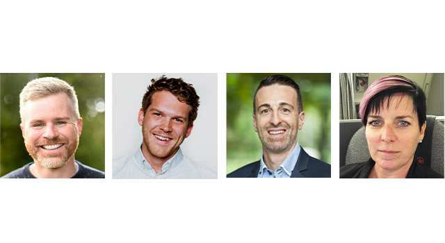 Headshots of webinar panelists, from left to right: Cisco’s Nathan Eagle, Esri’s Beau Ryck and Dominik Tarolli, and IBM’s Lisa Barclay