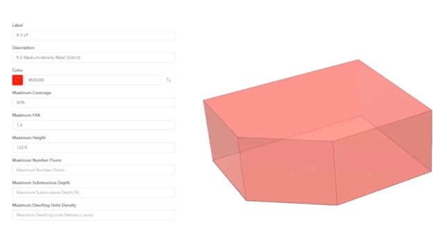 A 3D model changes shape as a set of parameters like height, setback, and skyplane is changed to its left.