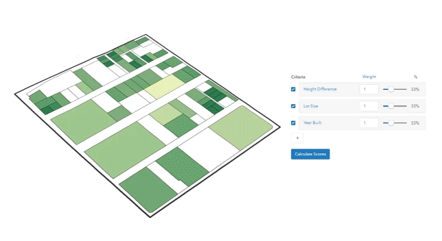 A land parcel map calculates site suitability score based on lot sizes, building heights, and building ages.