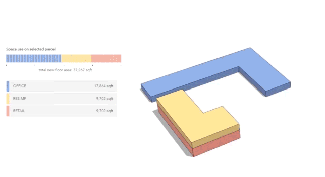 A color-coded 3D building model is manipulated to show how to sketch and refine building size and layout.  