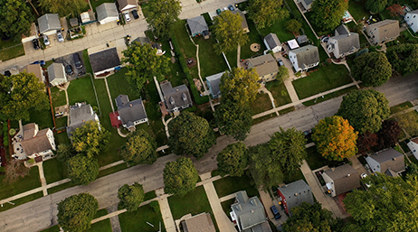 An aerial view of a residential neighborhood 