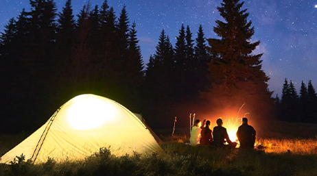 A group of people sitting around a campfire at night with their tent illuminated while in the forest