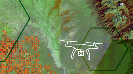 A graphic in green and orange displaying parts of a map and an icon of a drone