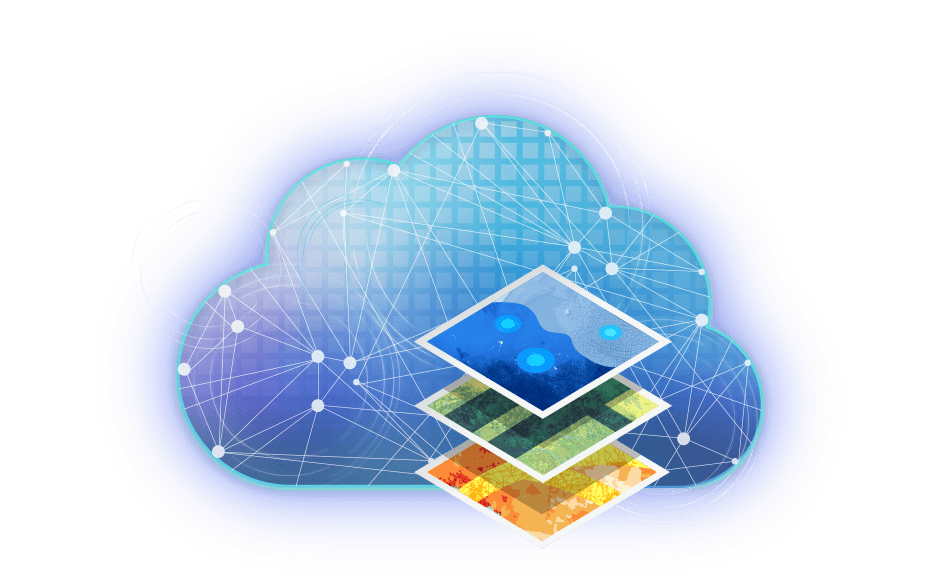 A design of blue and purple cloud with white lines connecting inside of it, overlaid with three small, overlapping square maps in colors of orange, green, and blue