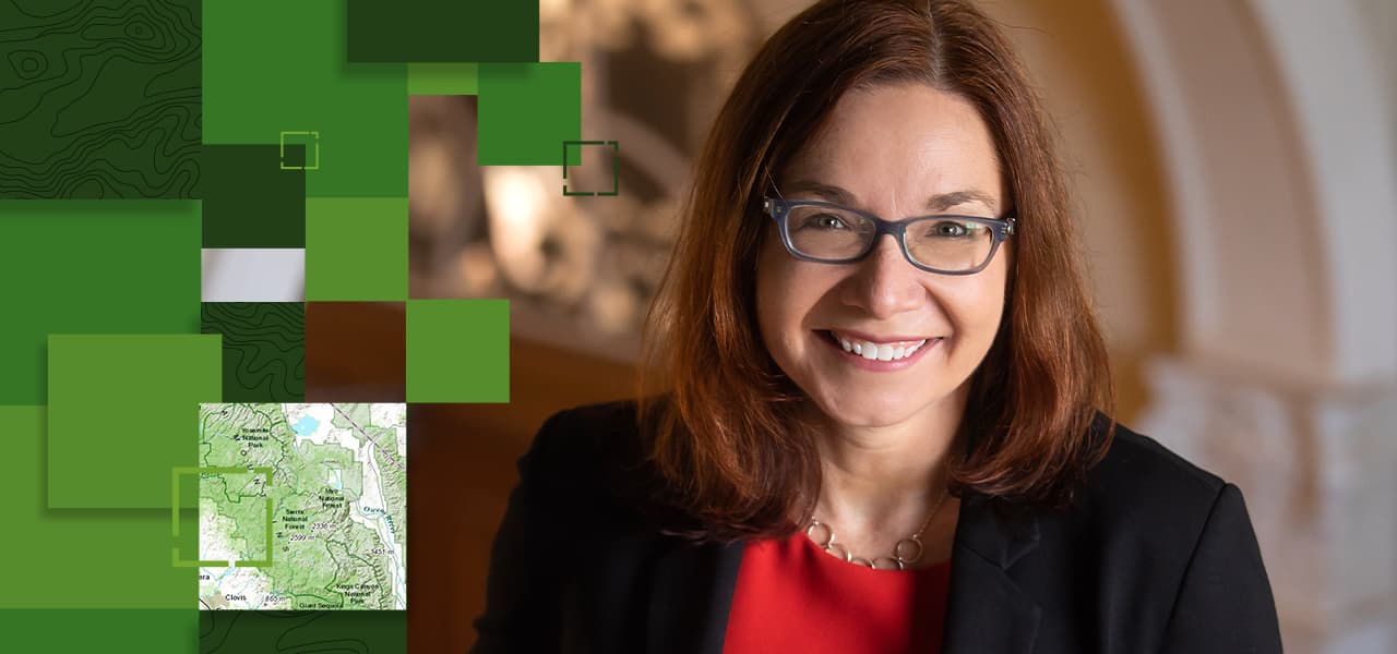 A portrait of Katharine Hayhoe smiling overlaid with multiple green squares in varying sizes to the left of the image