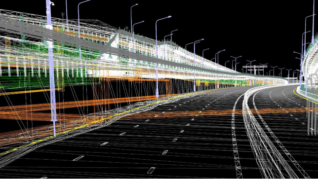 A digital model of highway infrastructure featuring building data