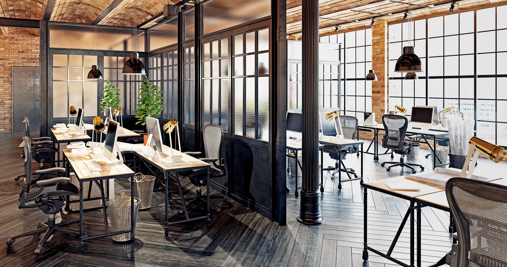 An empty office with brick walls, a cement floor, bookshelves and armchairs with a graphic of a red location icon in the center