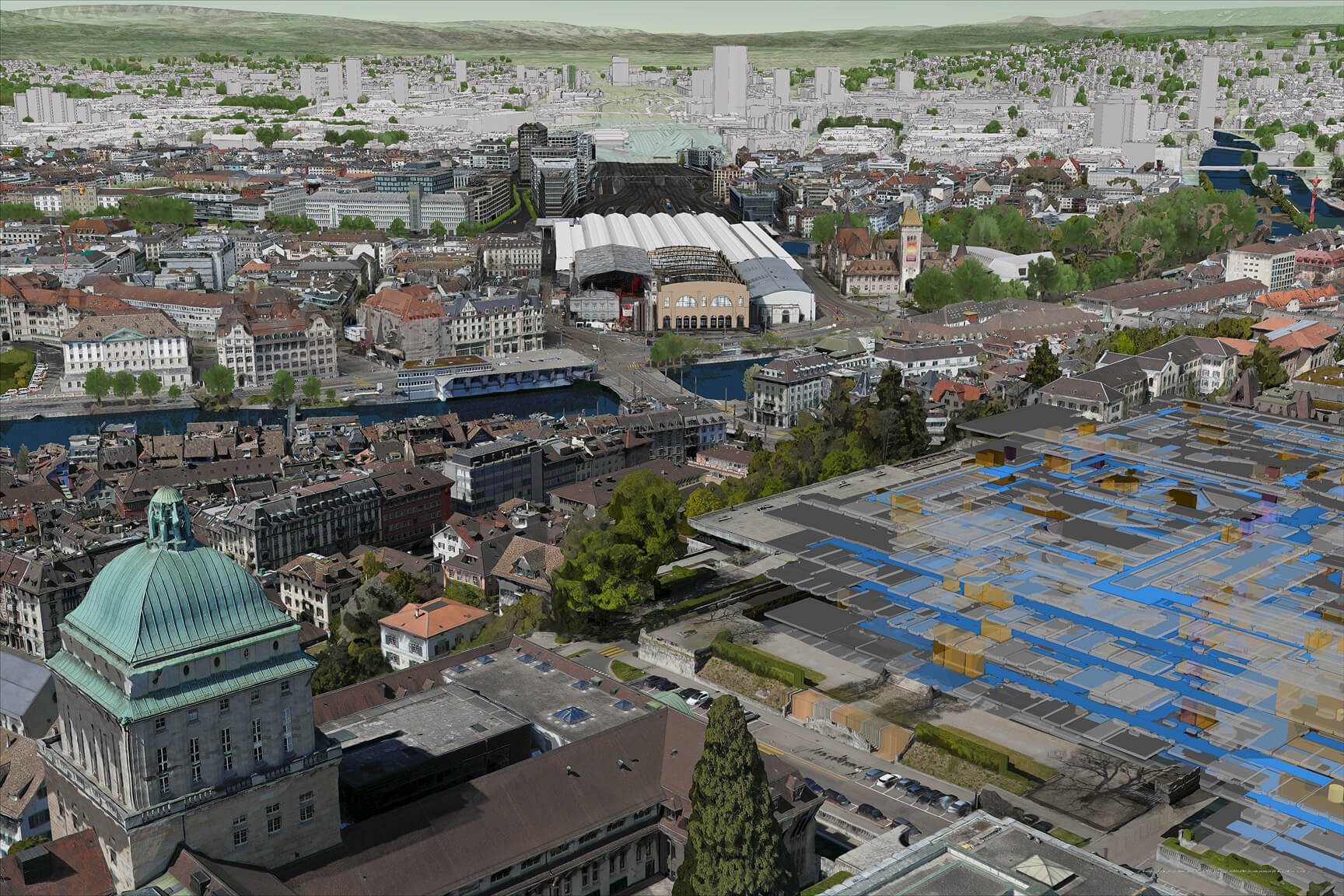 A 3D mesh rendering of Zurich, Switzerland, including a central train station and government buildings