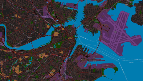 A city map of roads, bridges, and waterways highlighting some areas in purple