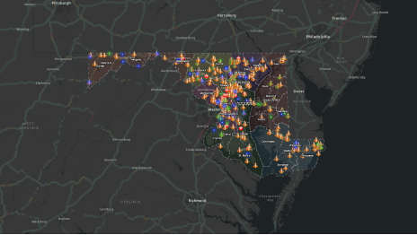 A map of Maryland marking active construction projects