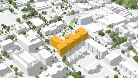 A simple 3D city map with trees highlighting one building in yellow